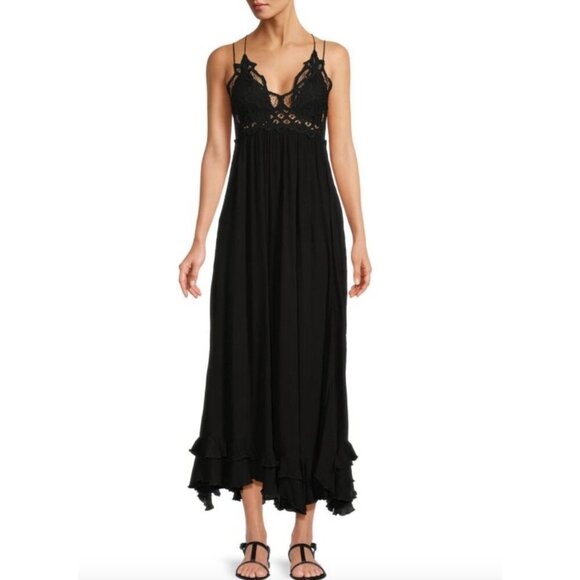 Free People Adella Lace Trim Midi Dress in Black Size Small Whimisigoth Fairy - Picture 1 of 11